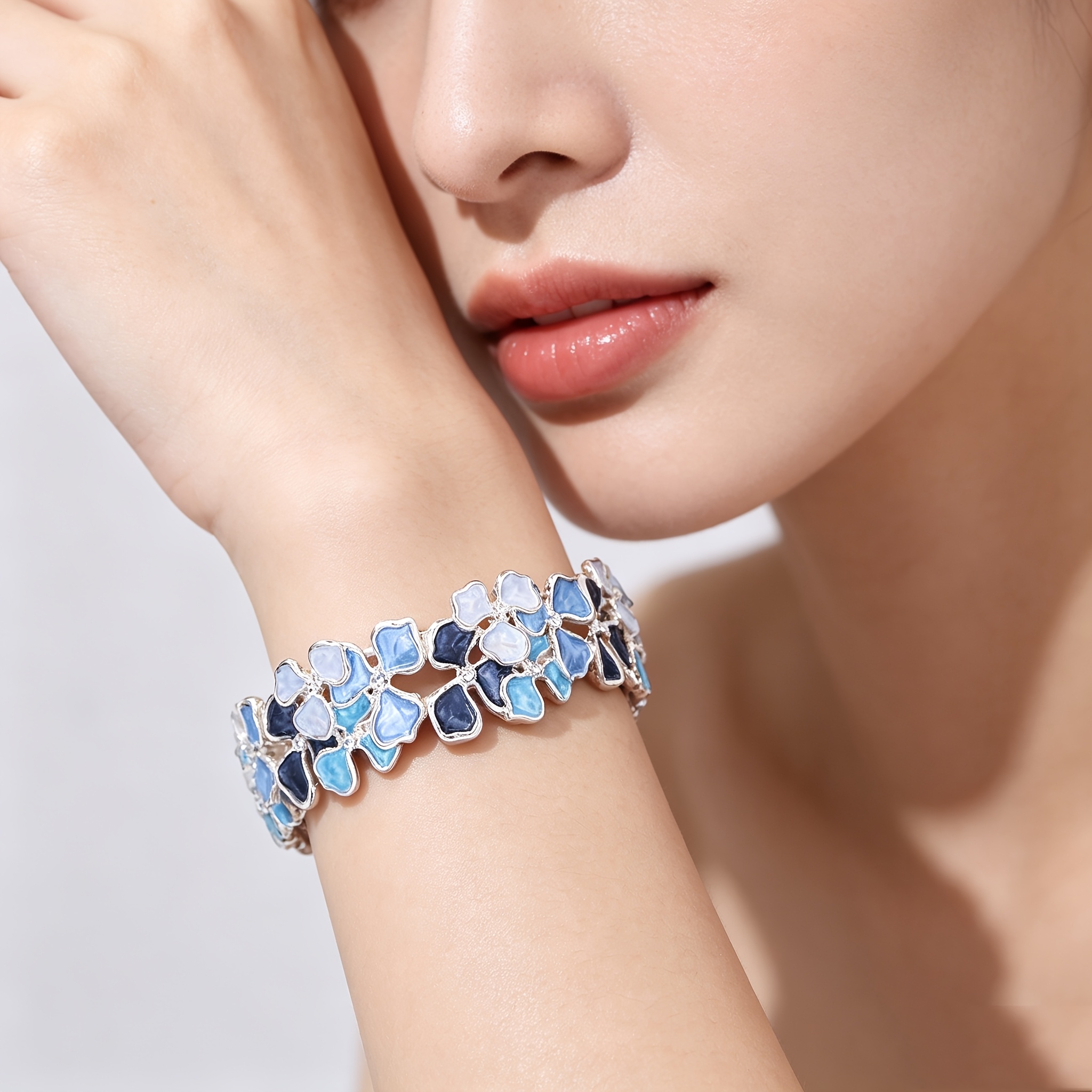 Elegant Hydrangea Enamel Flower Open Bangle, Adjustable